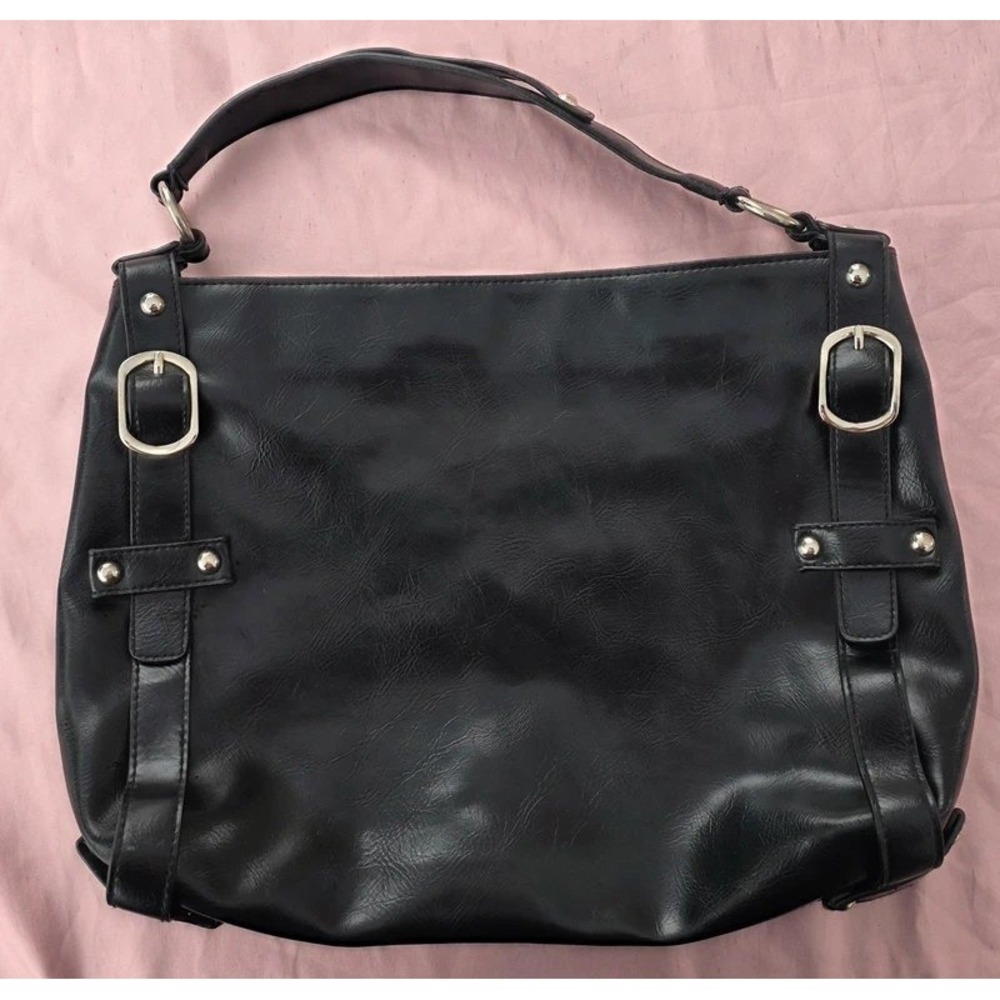 Black Faux Leather Hobo Shoulder Bag Silver Buckle Detail Handbag